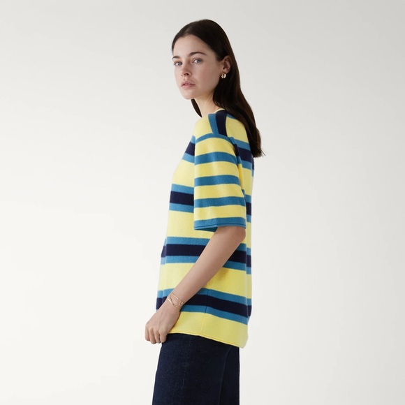 NWT Guest in Residence Cashmere Classic Tee in Daisy/Navy/Teal size Medium - Picture 3 of 6